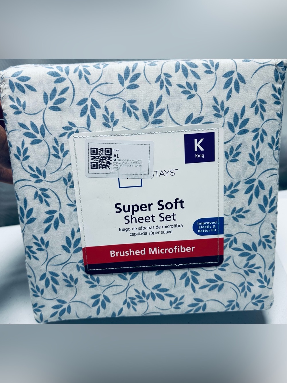 Mainstays Super Soft Brushed Microfiber King Bed Sheet Set Light Blue Leaves NWT